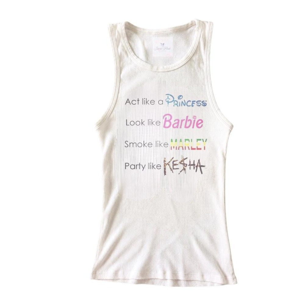 white ribbed tank top princess barbie kesha graphic saint pink y2k